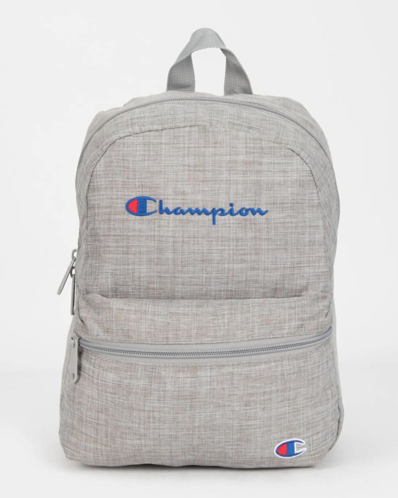 Front of a size O/S Unisex - Billboard Mini Backpack in Heather Grey in Heather Grey by Champion. | dia_product_style_image_id:330764